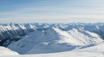 Panoramic view of snow-covered mountain range under a clear blue sky on a bright winter day. photo