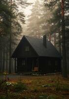 A charming log cabin with a swing stands serenely amid a misty forest of towering pine trees. photo