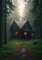 A charming log cabin nestled deep within a misty forest evokes a sense of peaceful seclusion and escape. photo
