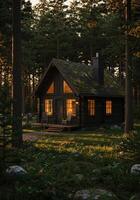 A charming log cabin glows warmly nestled deep within a serene and secluded forest. photo