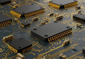 A detailed close-up of a sophisticated circuit board displaying advanced electronic components. photo