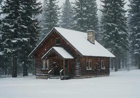 A charming log cabin surrounded by snow-covered evergreen trees during a gentle snowfall. photo