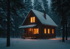 A charming log cabin nestled in a tranquil snow-covered forest radiates a warm and inviting glow. photo