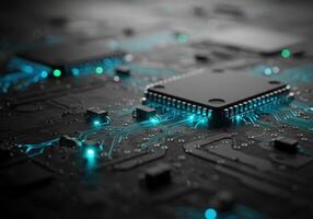 A detailed close-up of a computer chip reveals its complex circuitry and technological sophistication. photo
