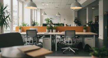 A bright and airy modern office space with desks, chairs, computers, and plants creating a productive atmosphere. photo