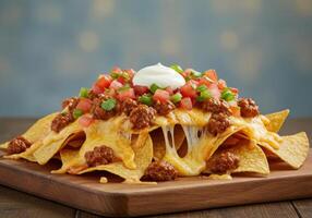 An enticing plate of loaded nachos is piled high with cheese, beef, and fresh toppings. photo