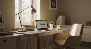 A bright and inviting home office featuring a laptop with data graphs and a cozy atmosphere. photo