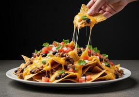 A hand pulls a cheesy nacho from a delicious plate of loaded tortilla chips with toppings. photo