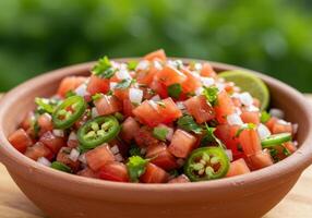 A fresh bowl of homemade pico de gallo with jalapenos, lime and cilantro on a wooden surface. photo