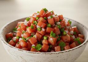 A close-up of refreshing watermelon salsa featuring diced watermelon, jalapenos, and cilantro. photo