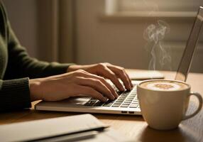 Hands type on a laptop next to a steaming cappuccino cup, creating a focused work scene photo