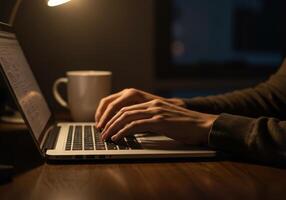 Hands type on a laptop keyboard next to a comforting mug in a warmly lit office photo