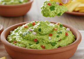 A flavorful bowl of guacamole is being scooped with a tortilla chip on a rustic wooden table photo