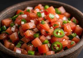A fresh and zesty bowl of pico de gallo features diced tomatoes, onions, jalapenos, and cilantro. photo