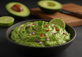 A vibrant bowl of guacamole, garnished with fresh cilantro and colorful toppings, is ready to enjoy photo