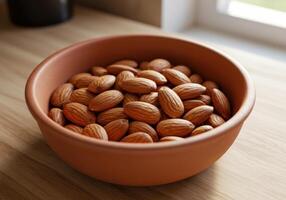 A bowl filled with delicious and nutritious almonds sits on a wooden table near a bright window. photo