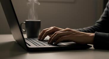 Hands typing on a laptop next to a steaming mug, creating a productive and cozy workspace. photo