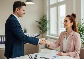 In a bright office, two professionals clasp hands, symbolizing a successful agreement. photo