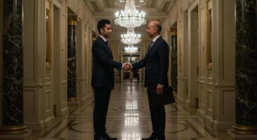 Two confident businessmen seal the deal with a handshake in a luxurious setting. photo