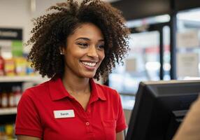 A friendly retail employee smiles at the register, ready to assist customers with their purchase. photo