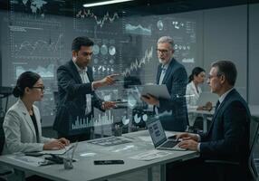 A multicultural business team analyzes financial data with advanced digital interface during a meeting. photo