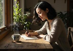 A woman is writing in her notebook by the window while enjoying a cup of steaming coffee. photo