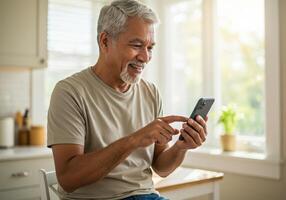 Smiling mature man enjoys using his smartphone in the bright, comfortable setting of his home. photo