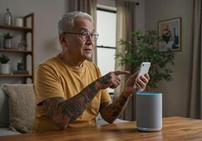 Tattooed senior uses smartphone to command smart speaker in a connected, modern home. photo
