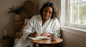 A woman in a robe enjoys a quiet morning journaling by the window with a cup of coffee. photo