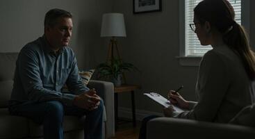 During a therapy session, a man talks with a therapist in a dimly lit and comfortable office. photo