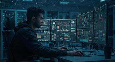 Focused cybersecurity analyst monitors data on multiple screens in a secure server environment. photo