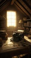 Step back in time with a vintage typewriter and old photographs in a cozy attic. photo