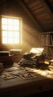 Sunlight streams into an attic illuminating a vintage typewriter surrounded by stories. photo