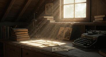 Sunlight streams into an attic workspace illuminating a vintage typewriter and old books. photo