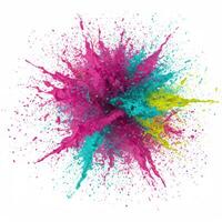 A vibrant burst of pink, turquoise, and yellow paint explodes on a white backdrop. photo