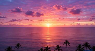 A tranquil ocean sunset with radiant skies and silhouettes of palm trees. photo