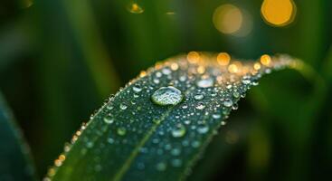 The morning dew glistens on a vibrant green leaf, creating a mesmerizing macro scene. photo