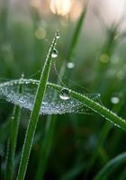 A delicate spiderweb glistens with dew, stretched between blades of grass in the early morning. photo