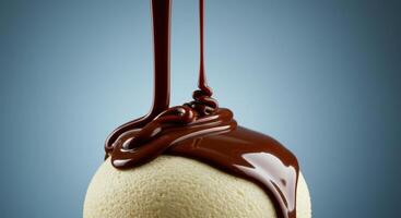 Rich chocolate is cascading over a smooth, creamy vanilla ice cream scoop. photo