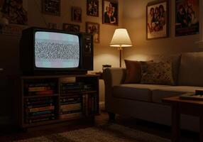 Step back in time with an old TV displaying static in a cozy living room scene. photo