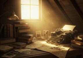 A vintage typewriter and old photographs create a nostalgic scene in a sunlit attic. photo
