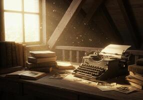 Sunlight streams into an attic illuminating a vintage typewriter and old books. photo