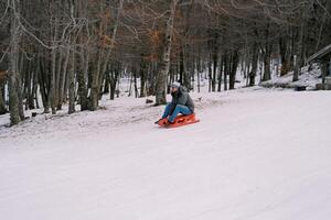 Smiling man on a sled rushes along a snow-covered hill at the edge of a forest. Side view photo