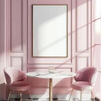 Vertical blank frame in a stylish cafe, pink walls, elegant dining setup, warm lights, plants, and windows photo