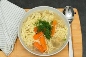 A close-up view of a bowl of comforting homemade chicken noodle soup, garnished with fresh dill and featuring vibrant carrot slices. The dish is served in a white bowl, placed on a wooden cutting photo