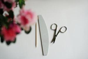 Manicure tools and equipment, scissors, nail file and feather on the table. Health and body care theme. Copy space photo