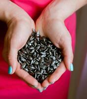 Hard wax beans in palms of cosmetologist's hands on pink background, close up. photo