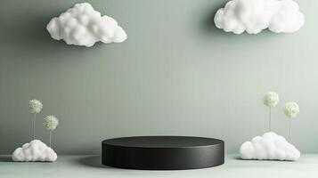 Modern minimalist display with clouds and tree elements on a pastel background photo