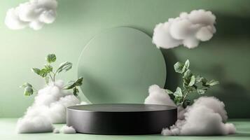 Serene Green Platform Surrounded by Soft Clouds and Lush Foliage photo