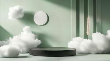 Serene Display Featuring Round Stand Amidst Soft Clouds in Pastel Green Setting photo